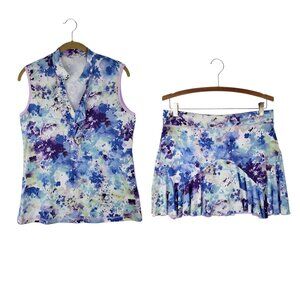 Sofibella Ruffle Polo & Skort Set Womens M Purple Watercolor Golf Tennis Outfit